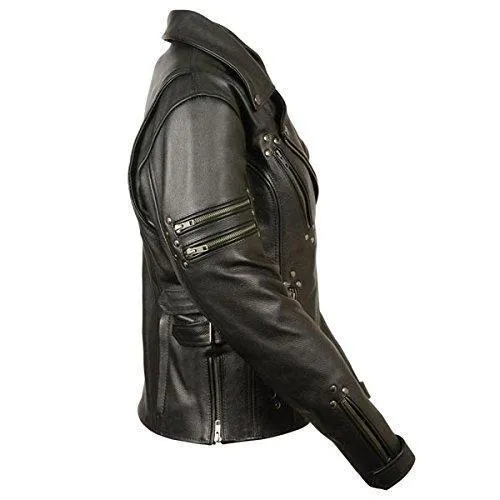 Milwaukee Leather MLL2585  Women's Fitted Belt-less Black Leather Motorcycle Jacket with Rivet Detailing and Gun Pockets