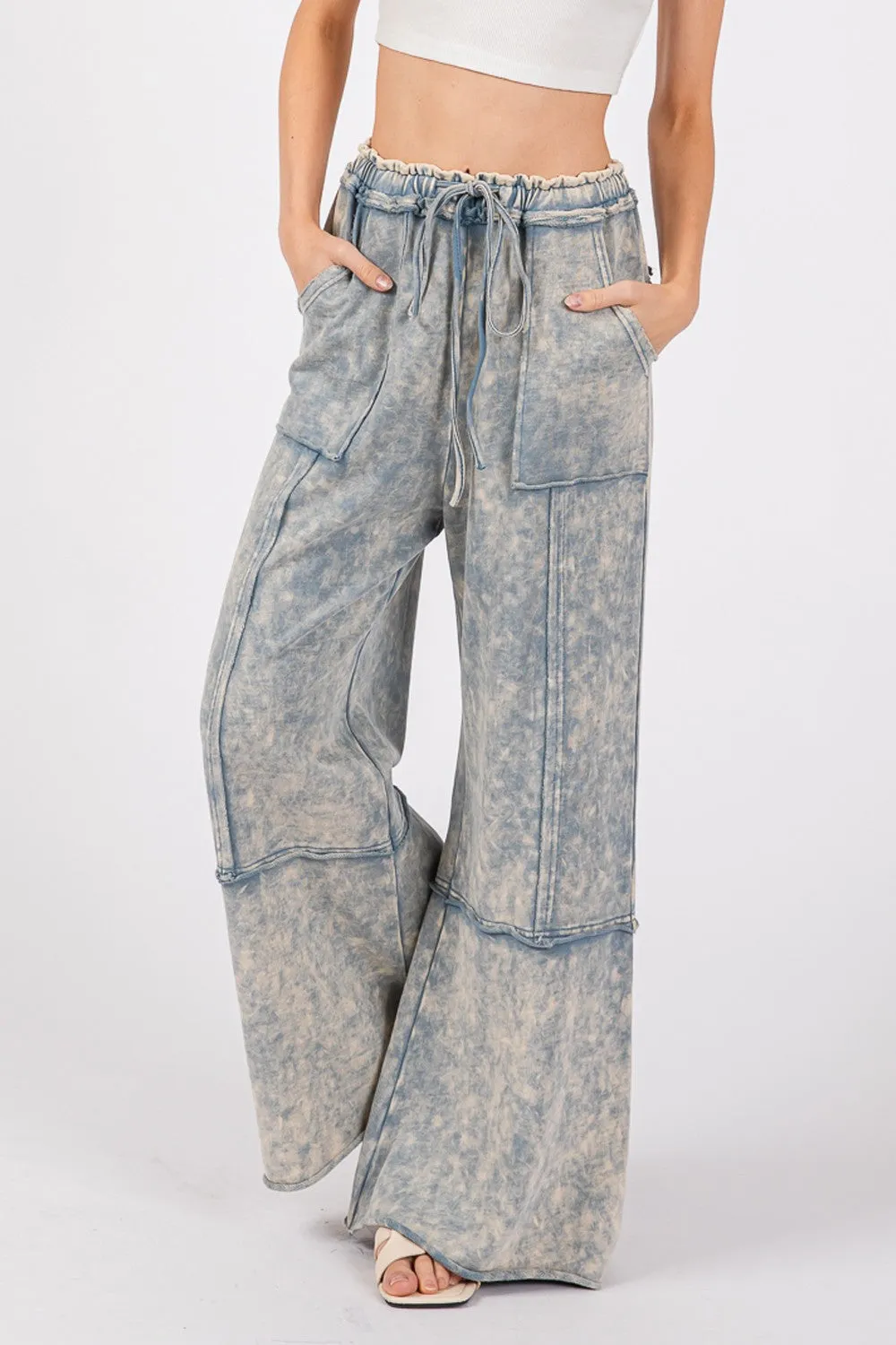 Mineral Washed Terry Wide Leg Pants Slate Blue