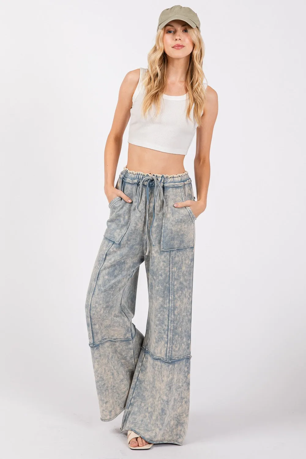 Mineral Washed Terry Wide Leg Pants Slate Blue