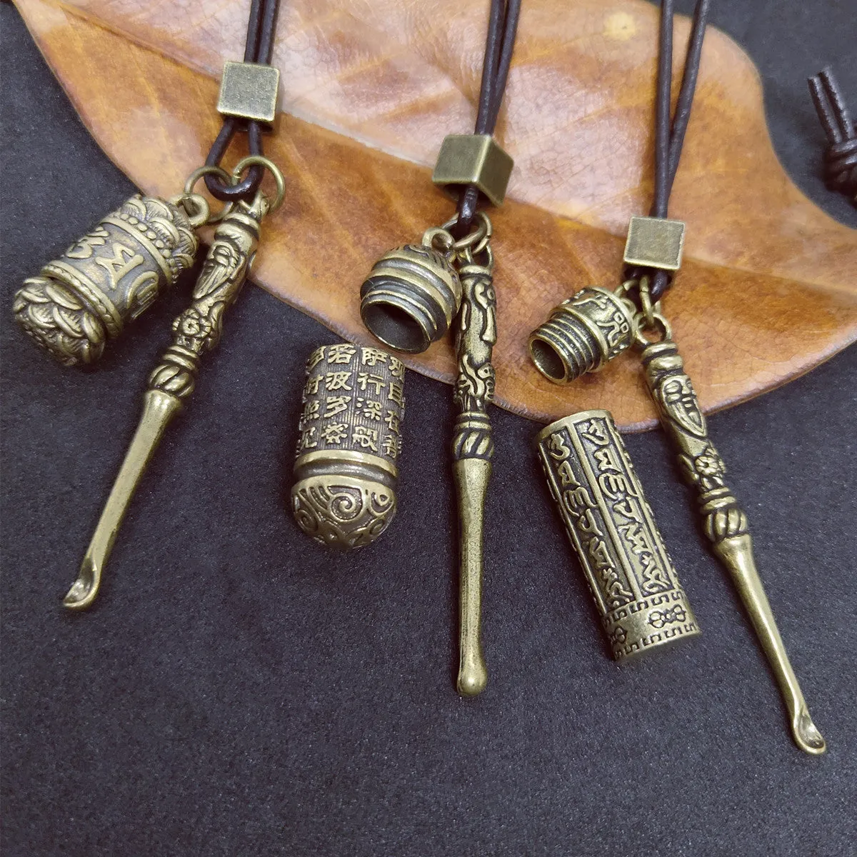 Mini Spoon Brass Jar Pendant Necklace - 3 Styles with Leather Rope