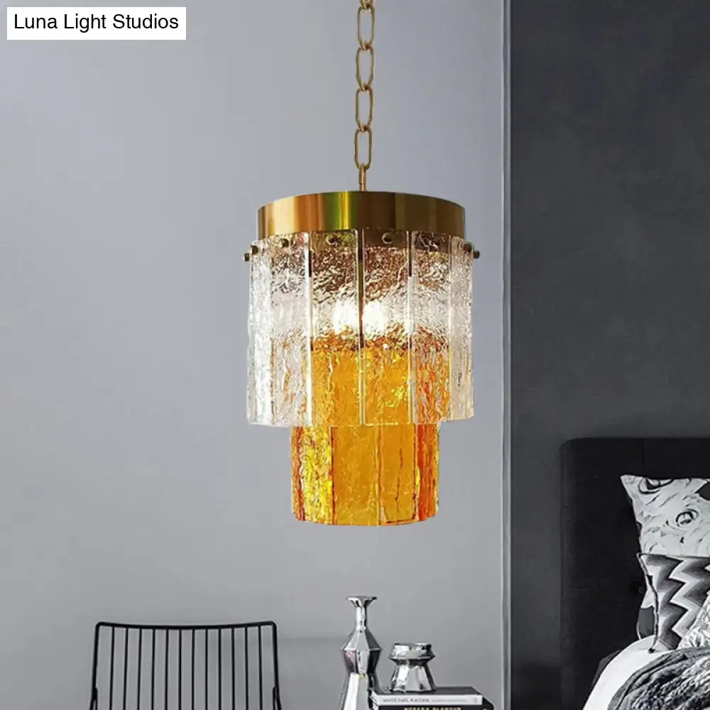 Minimal Style 2-Tiered Yellow Glass Pendant Lamp - Dining Room Hanging Light Fixture with Textured Glass