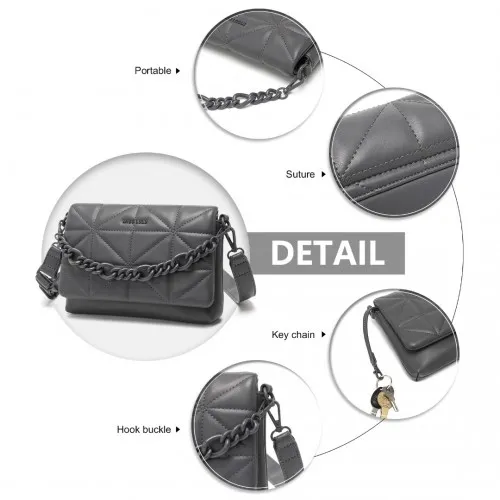 Miss Lulu Chic Quilted Grey Shoulder Bag with Chain Strap - Elegant & Stylish Handbag for Any Occasion