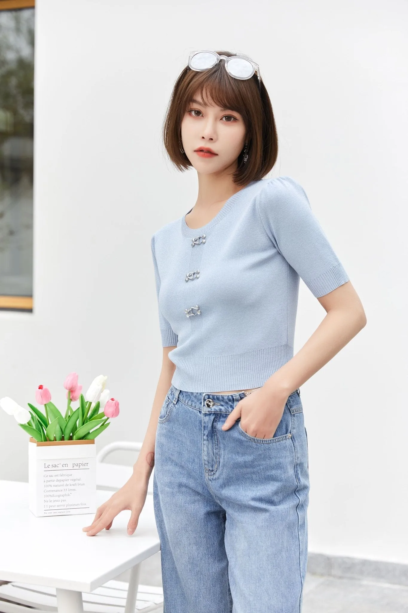 Mist Blue Short Sleeve Metal Button T-Shirt