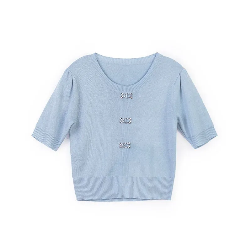 Mist Blue Short Sleeve Metal Button T-Shirt