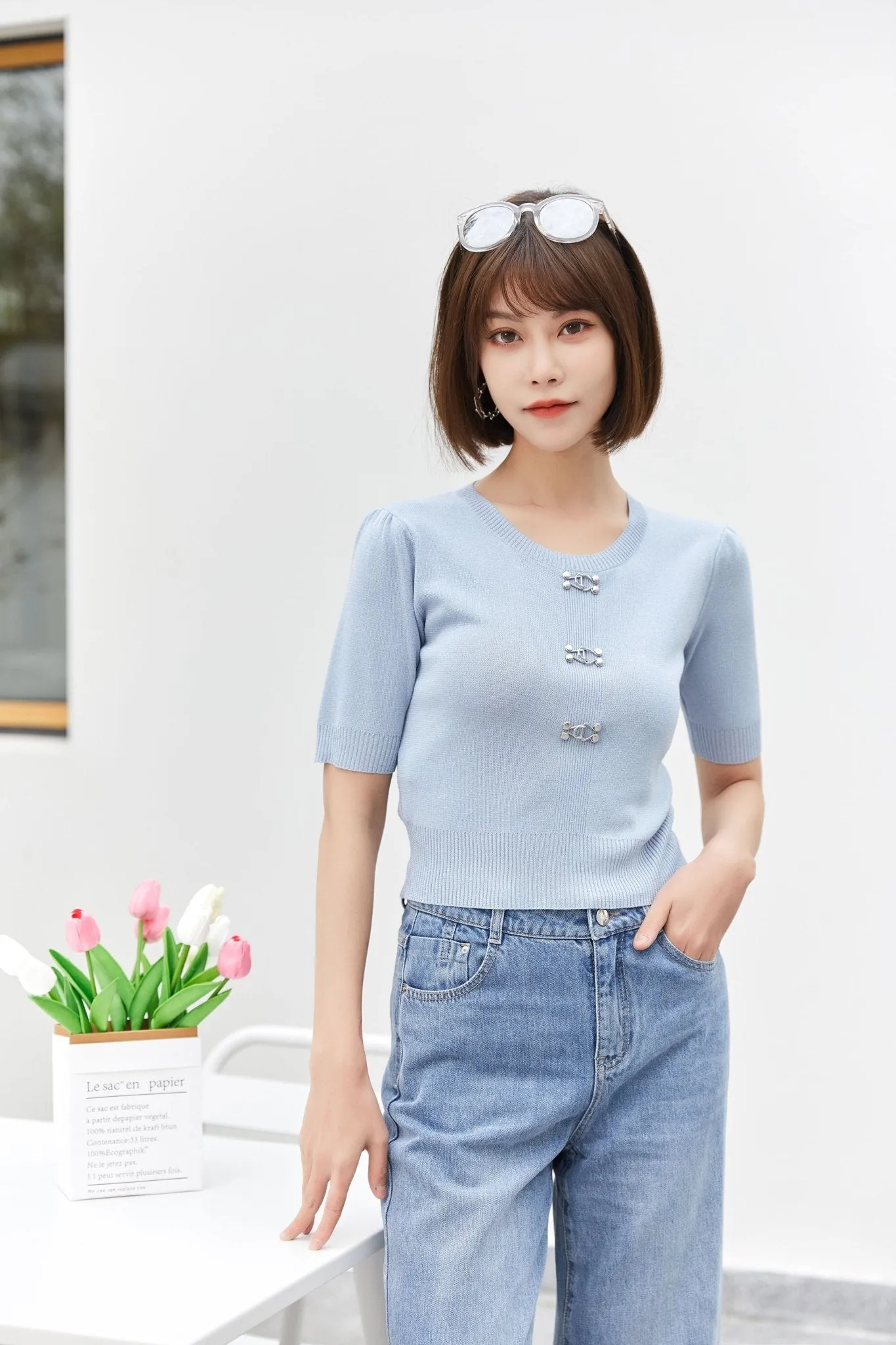 Mist Blue Short Sleeve Metal Button T-Shirt