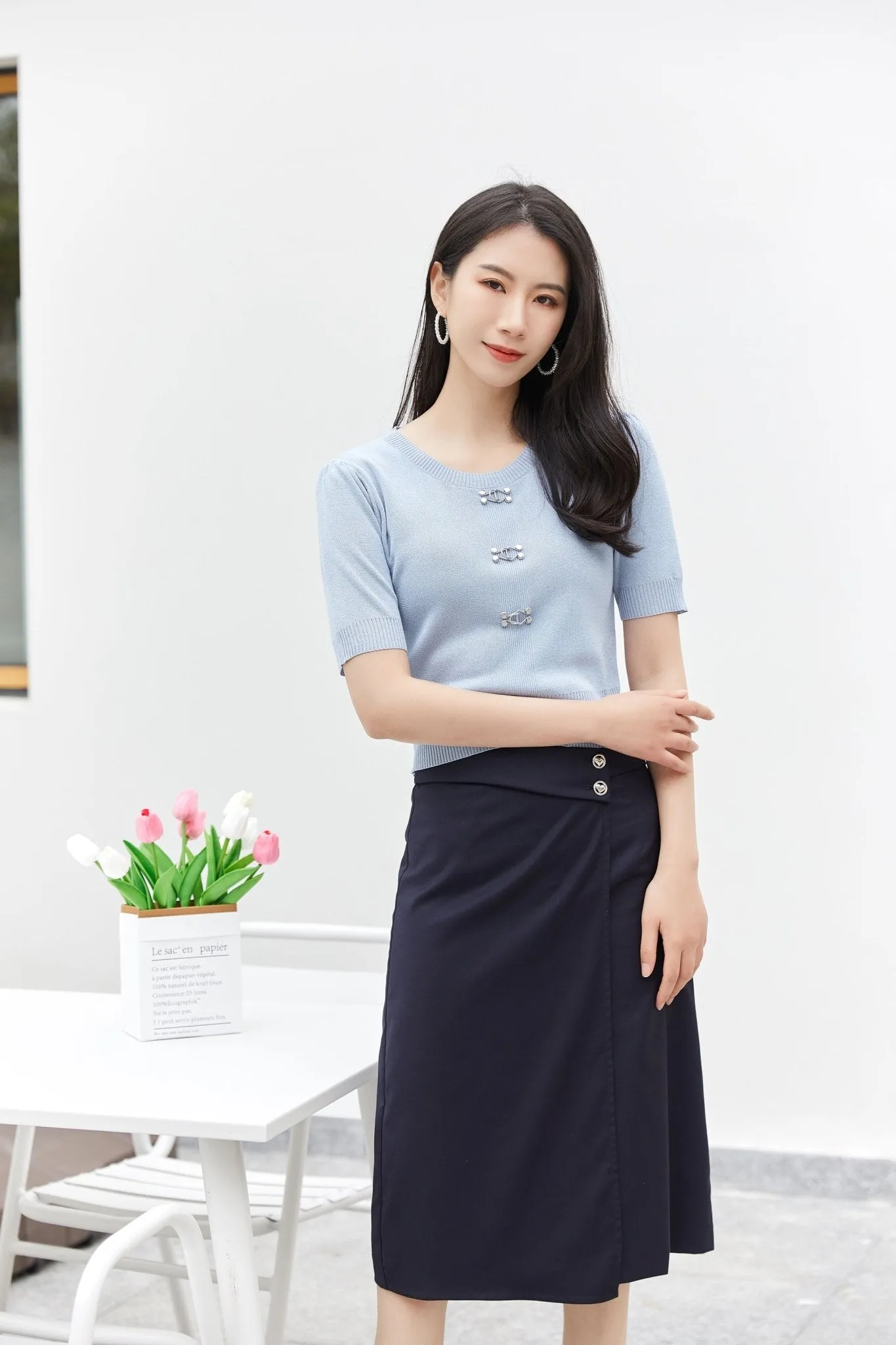 Mist Blue Short Sleeve Metal Button T-Shirt