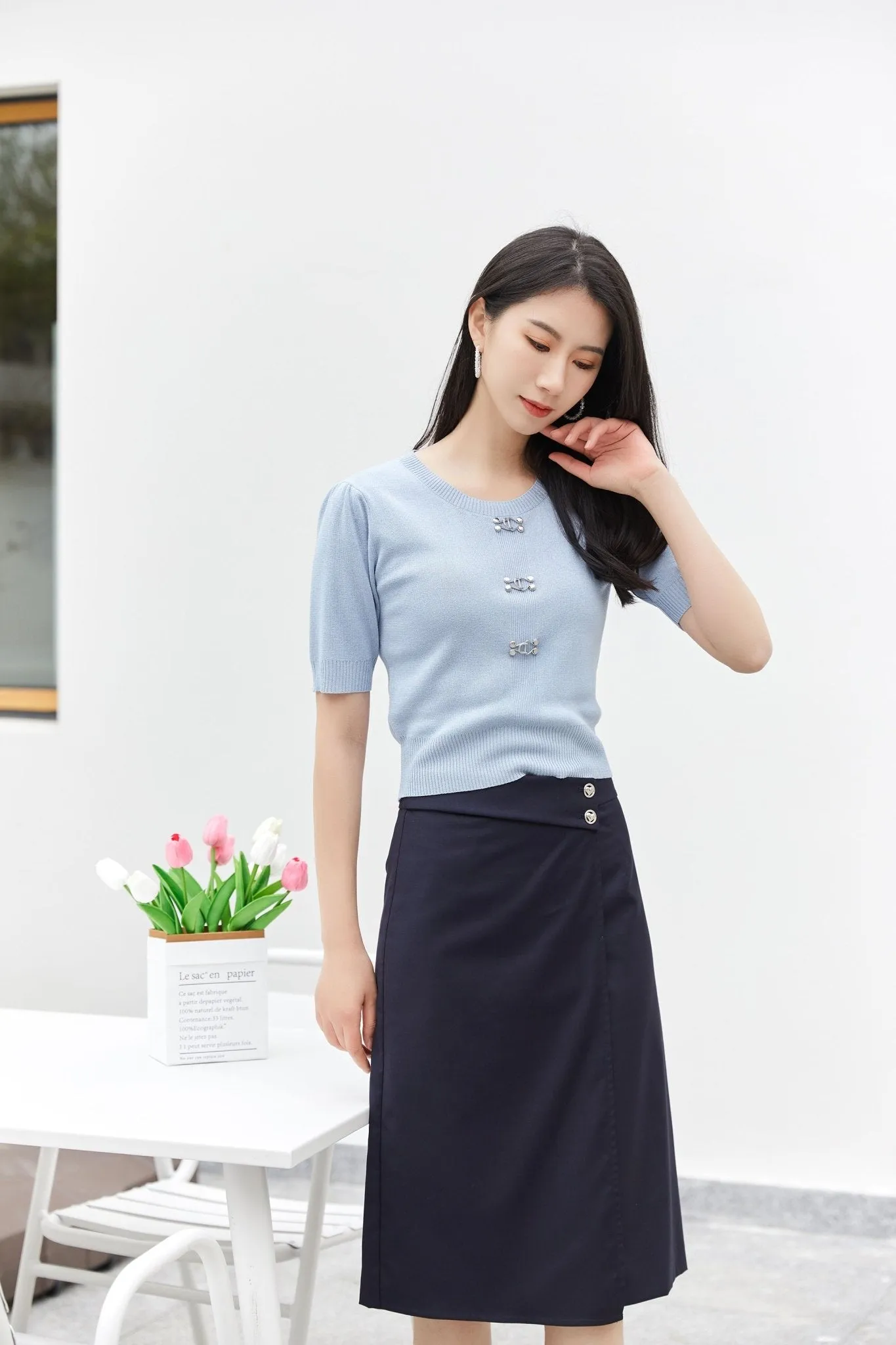 Mist Blue Short Sleeve Metal Button T-Shirt