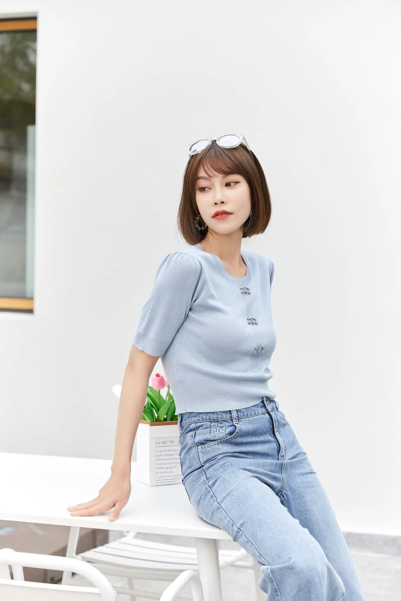 Mist Blue Short Sleeve Metal Button T-Shirt