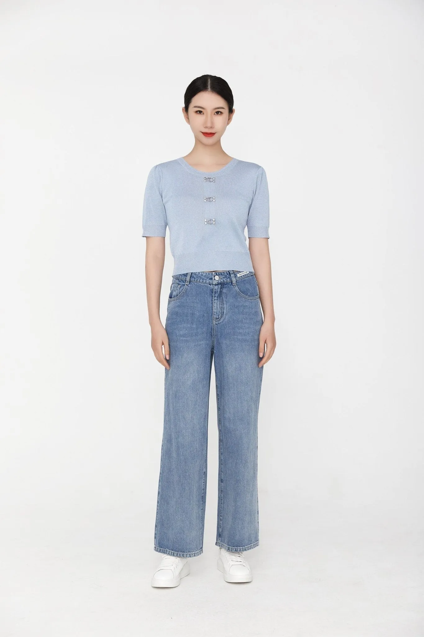 Mist Blue Short Sleeve Metal Button T-Shirt