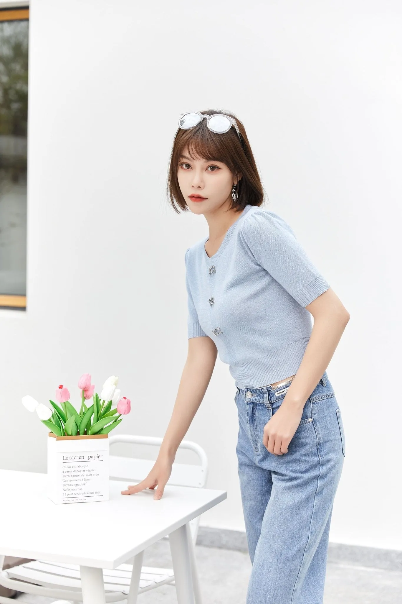 Mist Blue Short Sleeve Metal Button T-Shirt