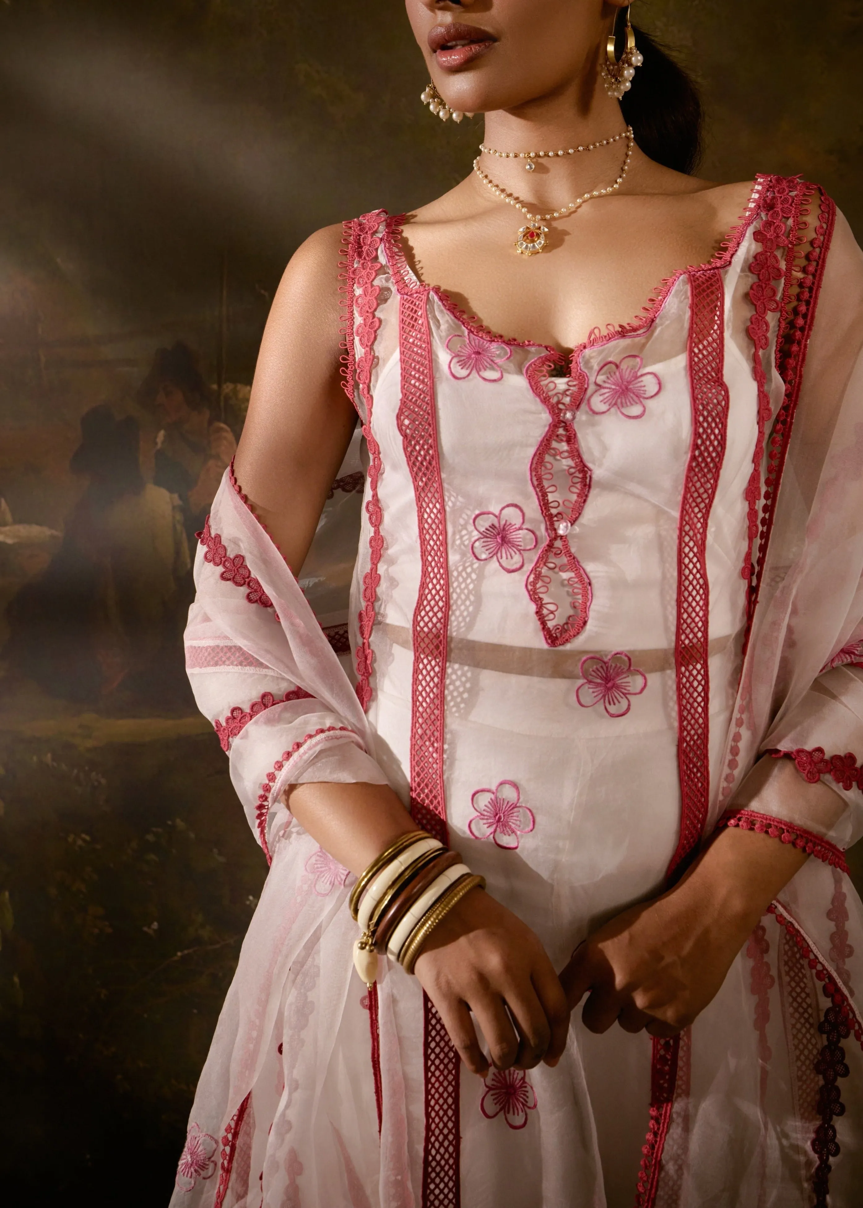 Mitali Sheer White And Red Straight Kurta Set