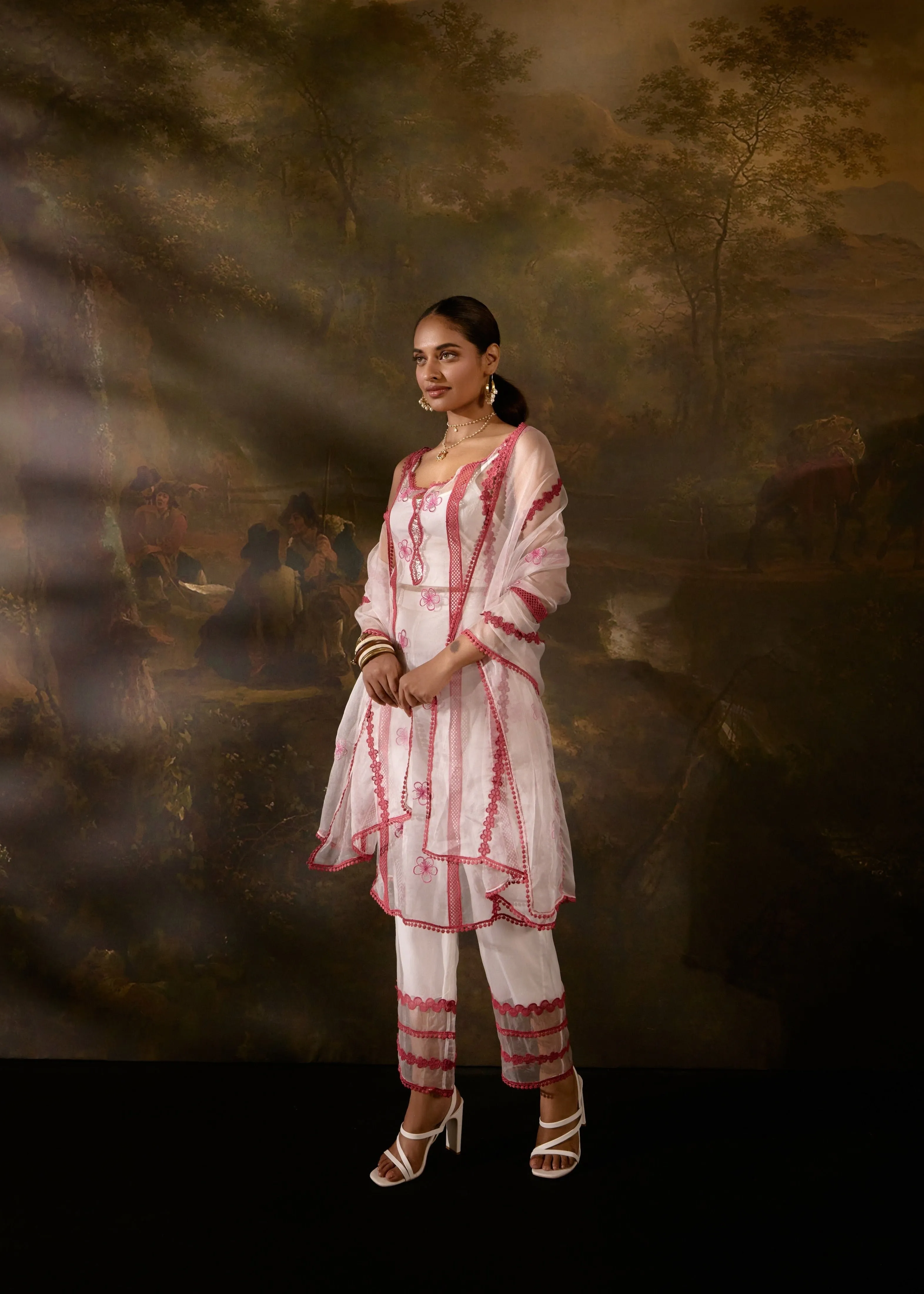 Mitali Sheer White And Red Straight Kurta Set