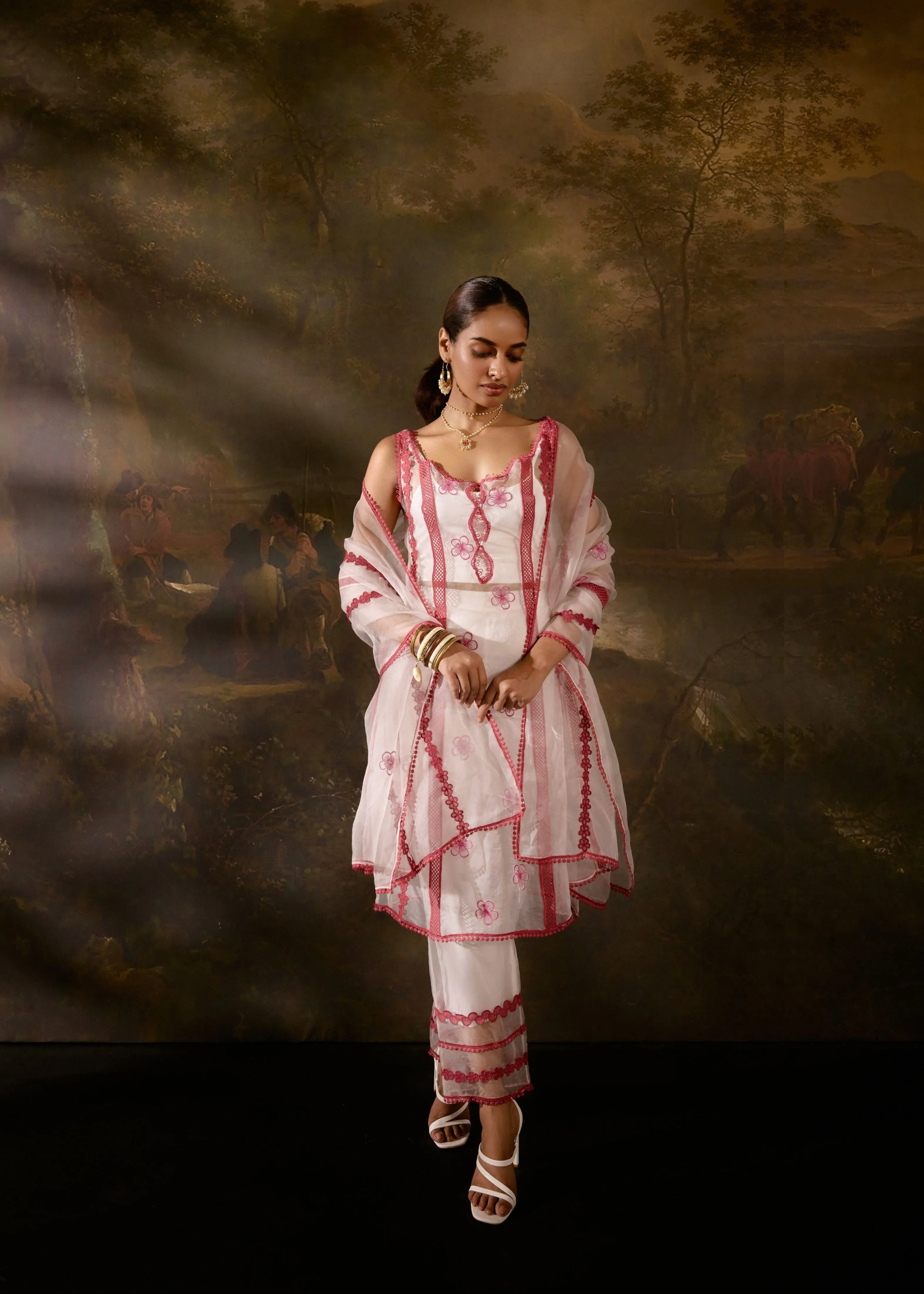 Mitali Sheer White And Red Straight Kurta Set