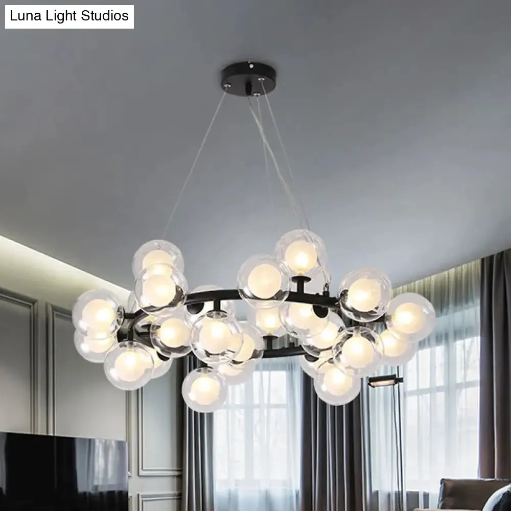 Modern Black/Gold Finish Glass 15/25-Bulb Global Shade Chandelier Lamp with Metal Ring - Ceiling Light Fixture