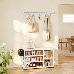 modern Hall Tree with Bench and Shoe Storage, Coat Rack Freestanding Coat Tree Farmhouse with 6 Hooks for Hallway, White