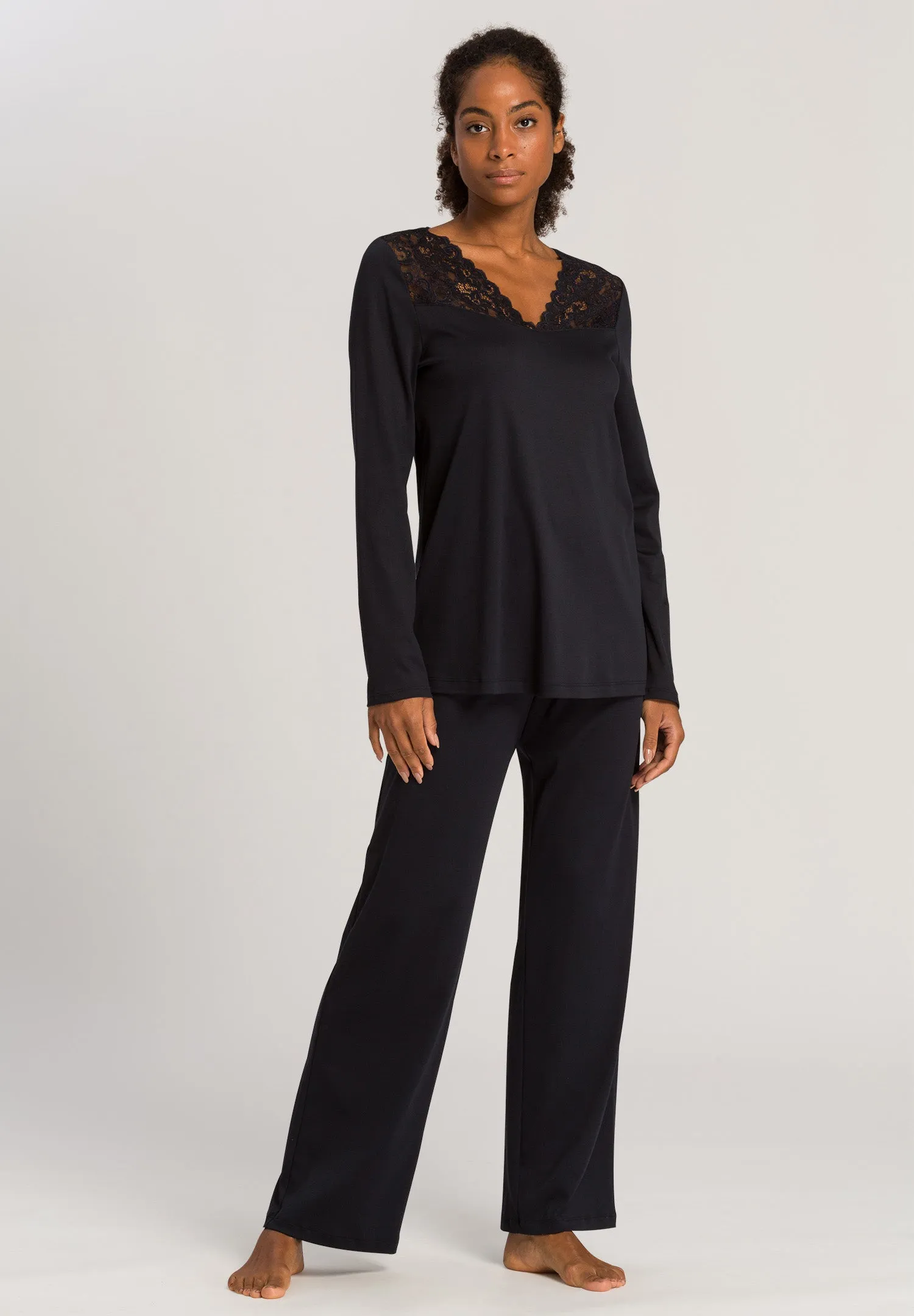 Moments Lace Trim Cotton Pajama Set | Black 77932-019