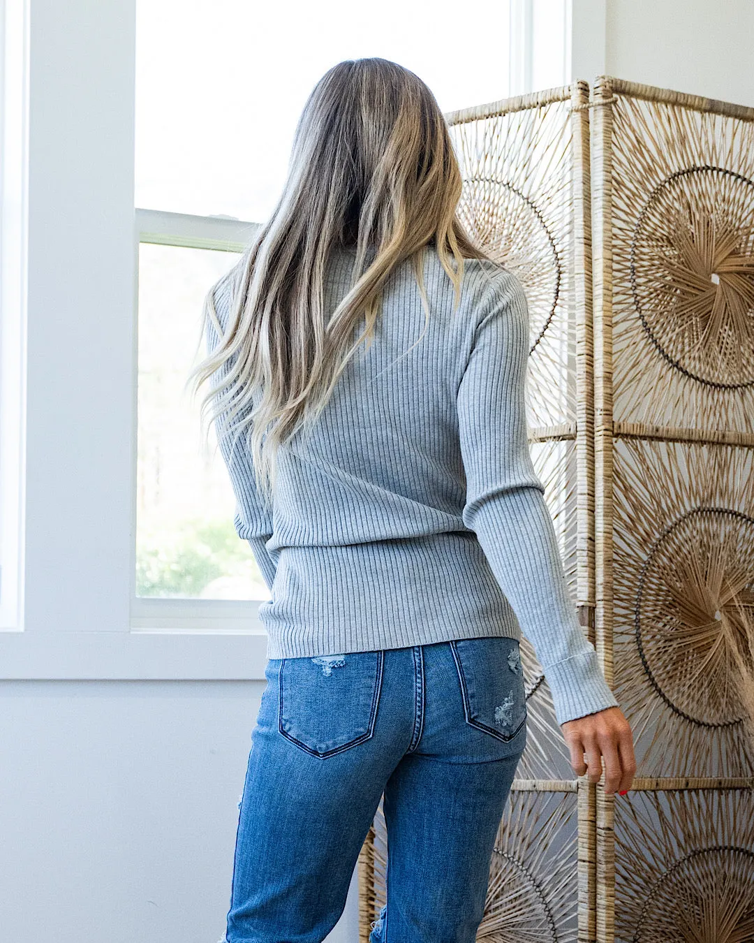 Monica Ribbed Henley Top - Heather Gray