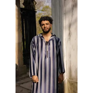 Moroccan Striped Hoodie Thobe - Indigo and Grey