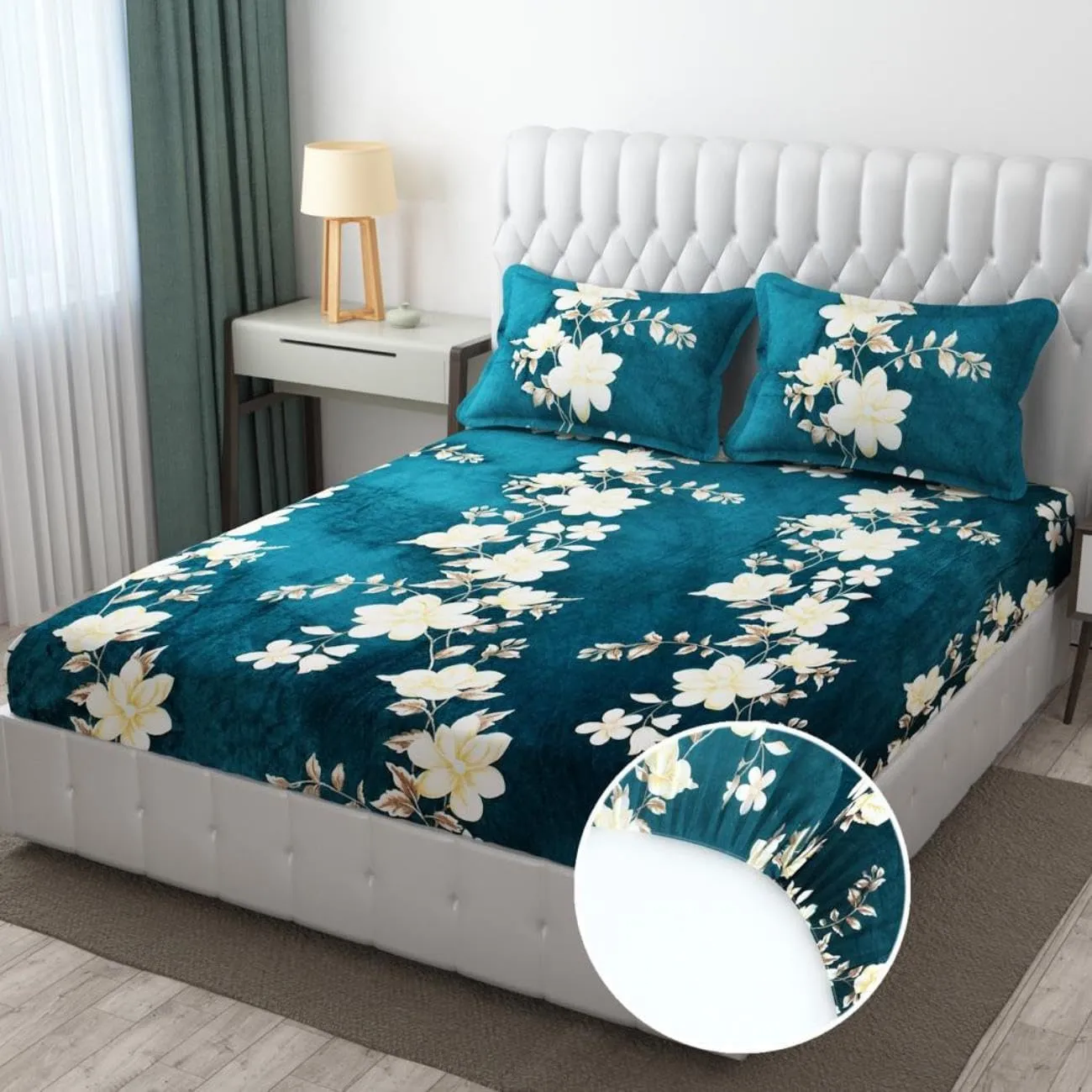 MRSKP Presents Luxurious Green-Flower Bedsheets for Winter King Size Fitted Flannel/Warm Double Bedsheet Fully Elasticized with 2 Pillow Covers 72 x 78 x 8 Inches (King (U.S. Standard)