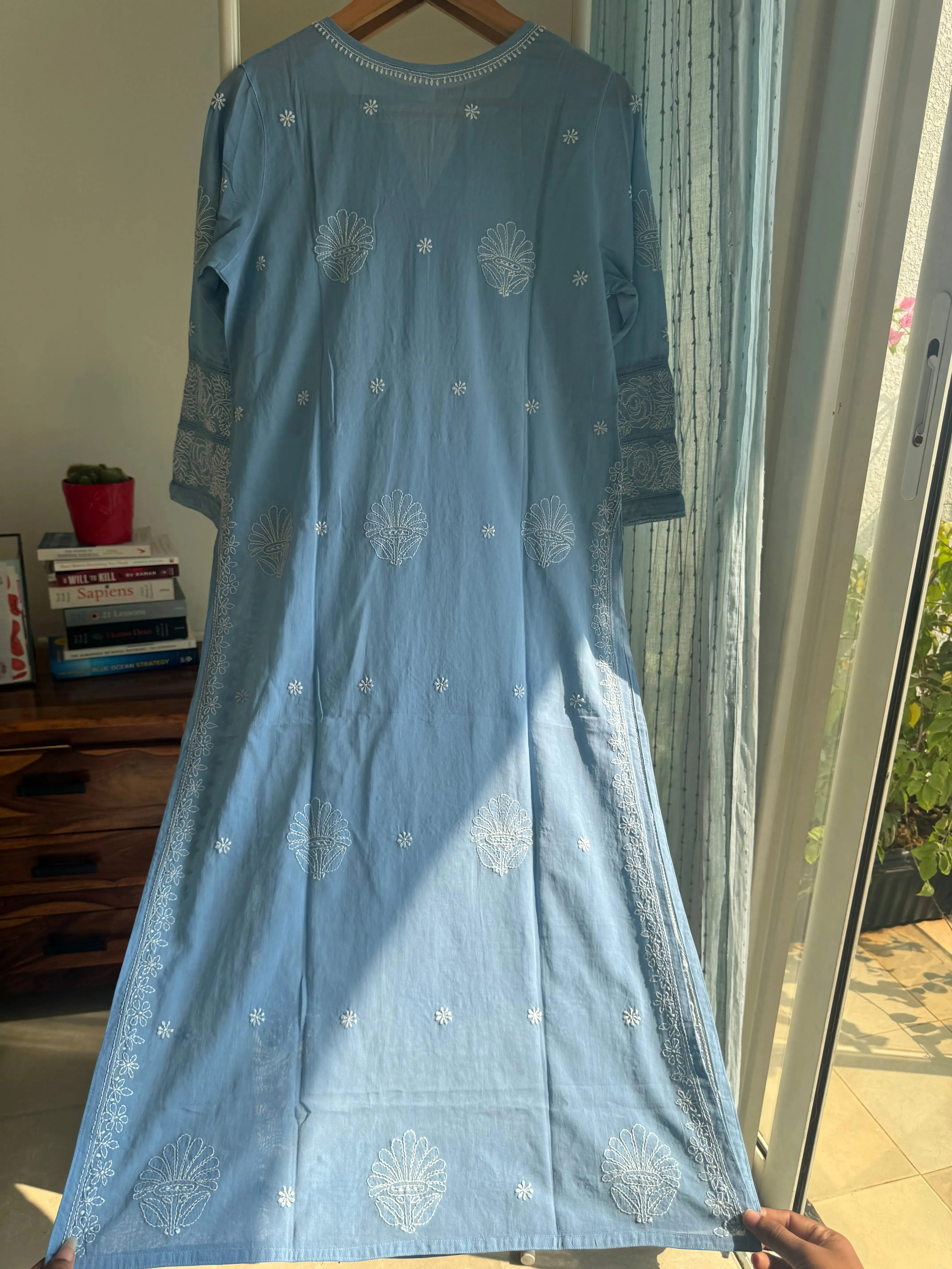 Mul Cotton Chikankari Kurti - Blue