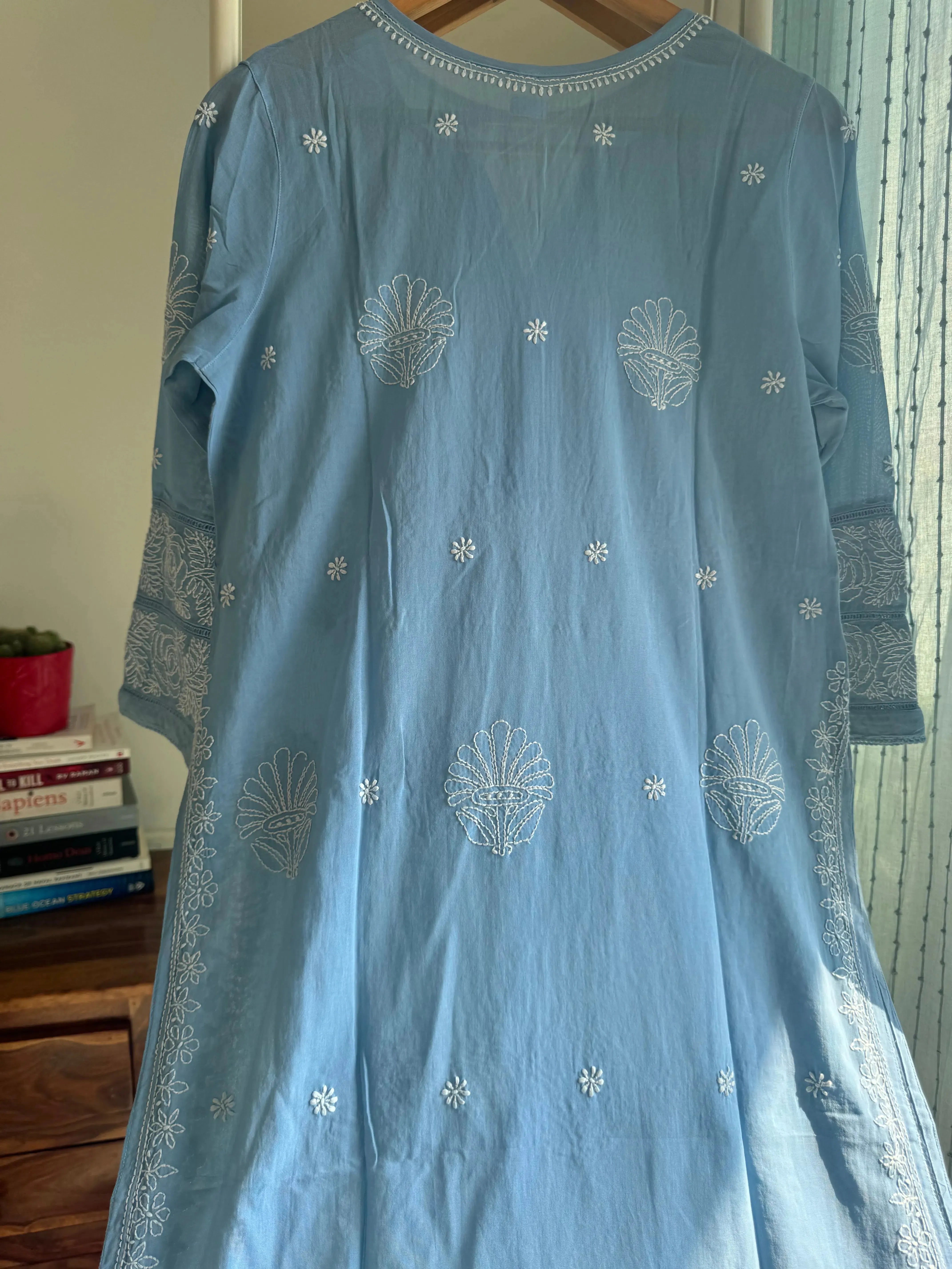 Mul Cotton Chikankari Kurti - Blue