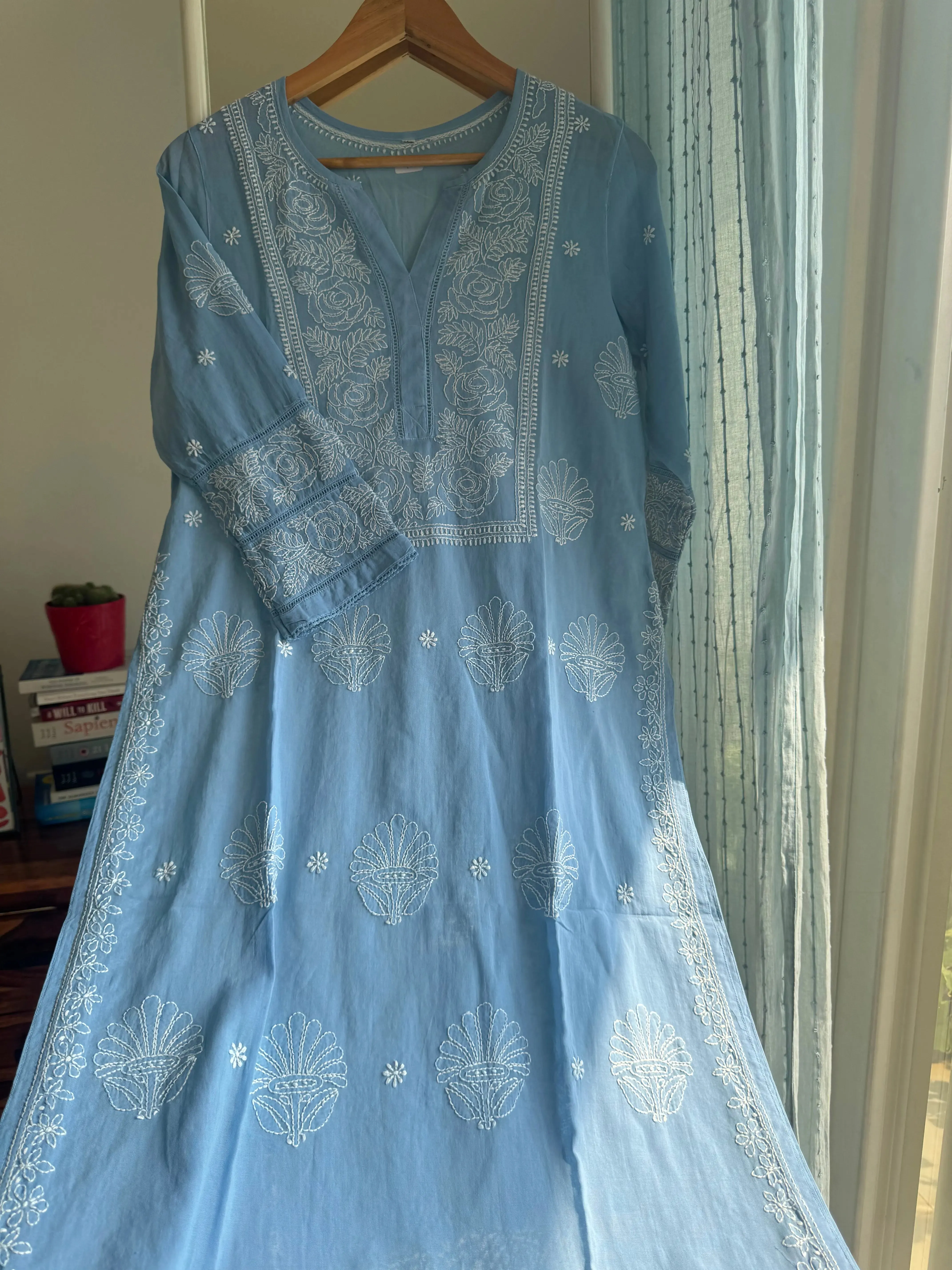 Mul Cotton Chikankari Kurti - Blue