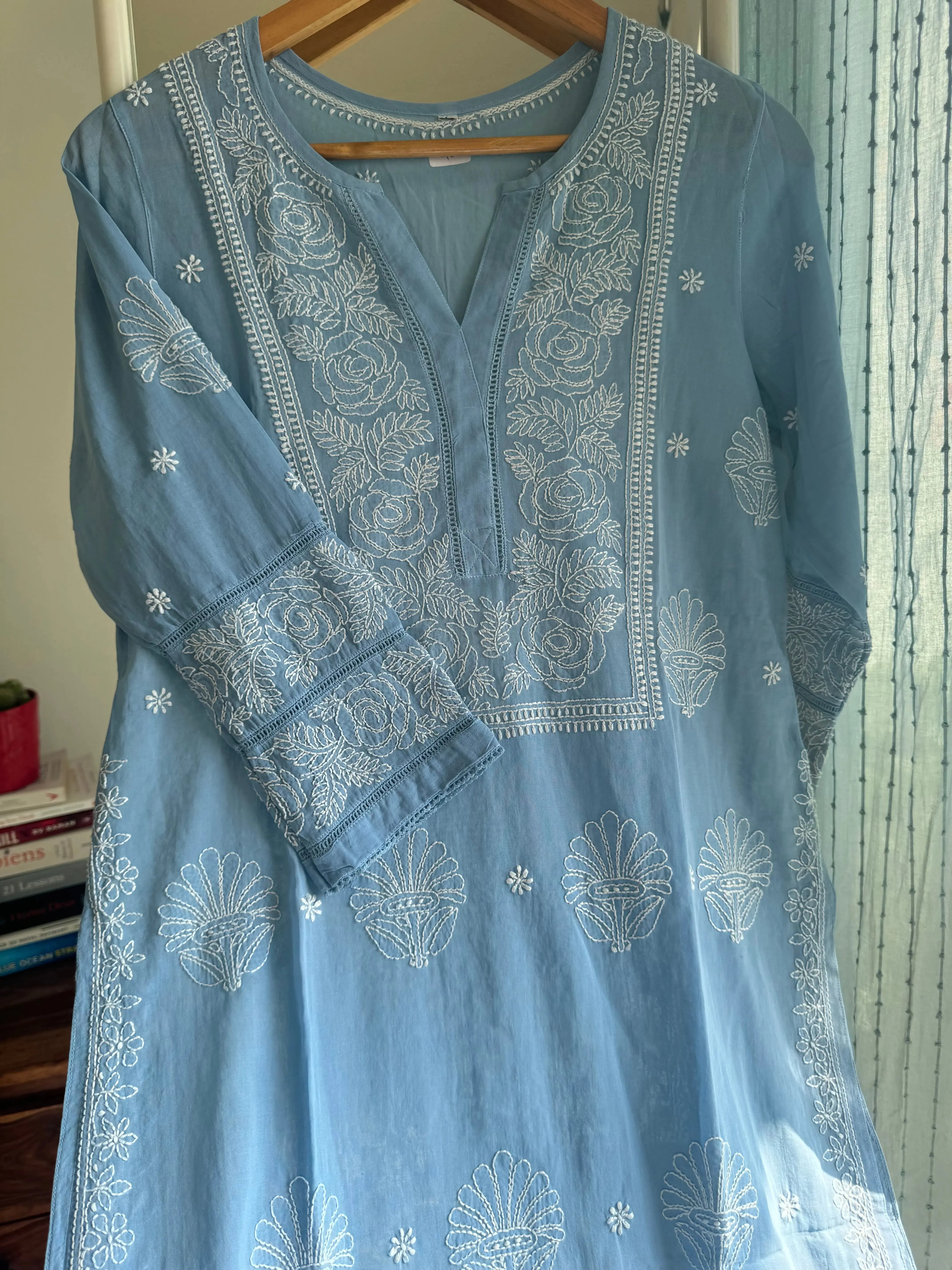 Mul Cotton Chikankari Kurti - Blue