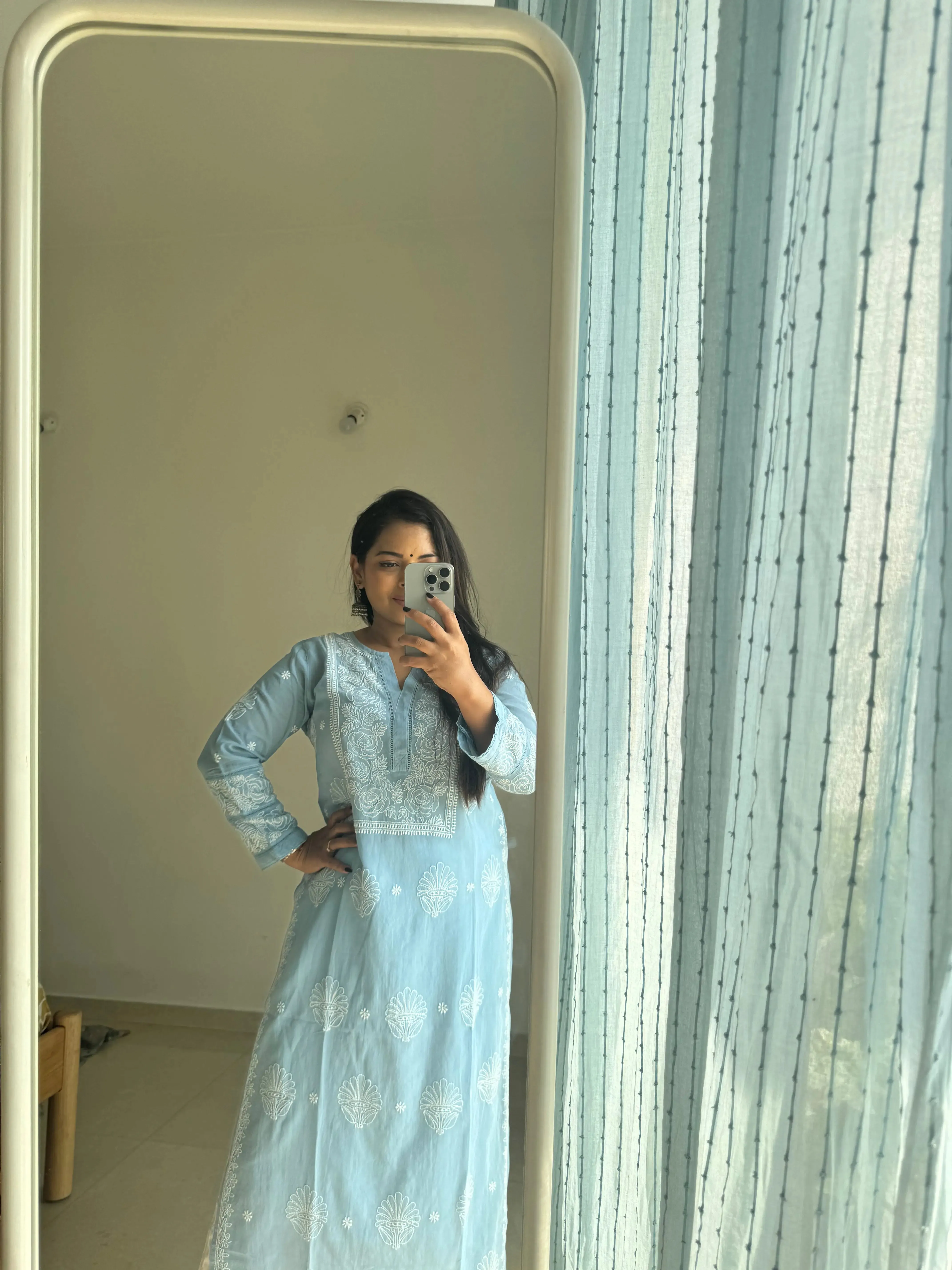 Mul Cotton Chikankari Kurti - Blue