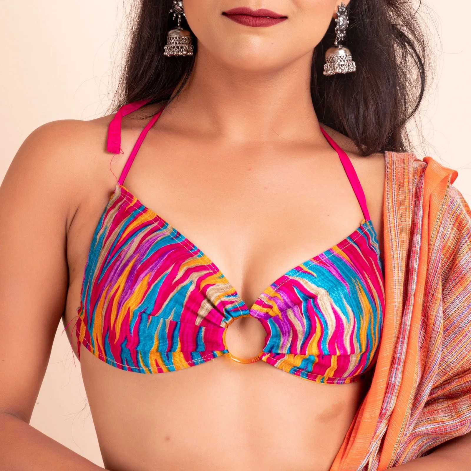 Multicolor Designer Fabric Backless Halter Neck Blouse - Non-Padded
