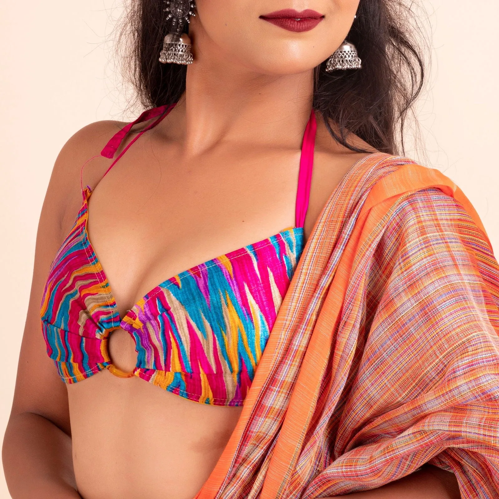 Multicolor Designer Fabric Backless Halter Neck Blouse - Non-Padded