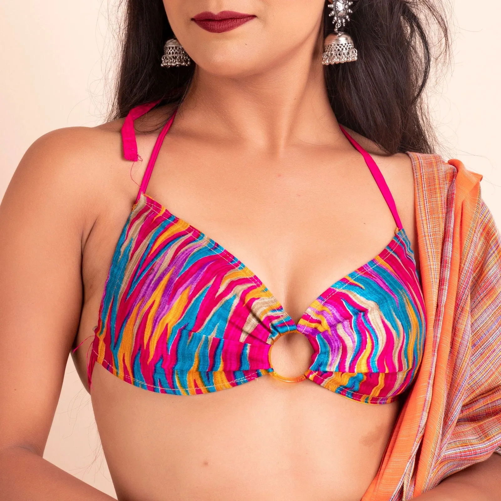 Multicolor Designer Fabric Backless Halter Neck Blouse - Non-Padded
