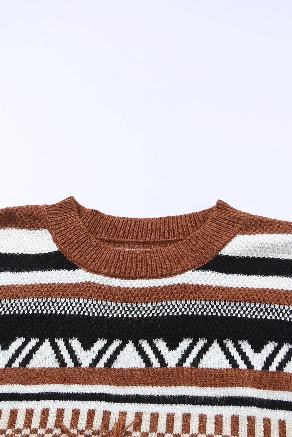 Multicolor Round Neck Striped Sweater with Fringe