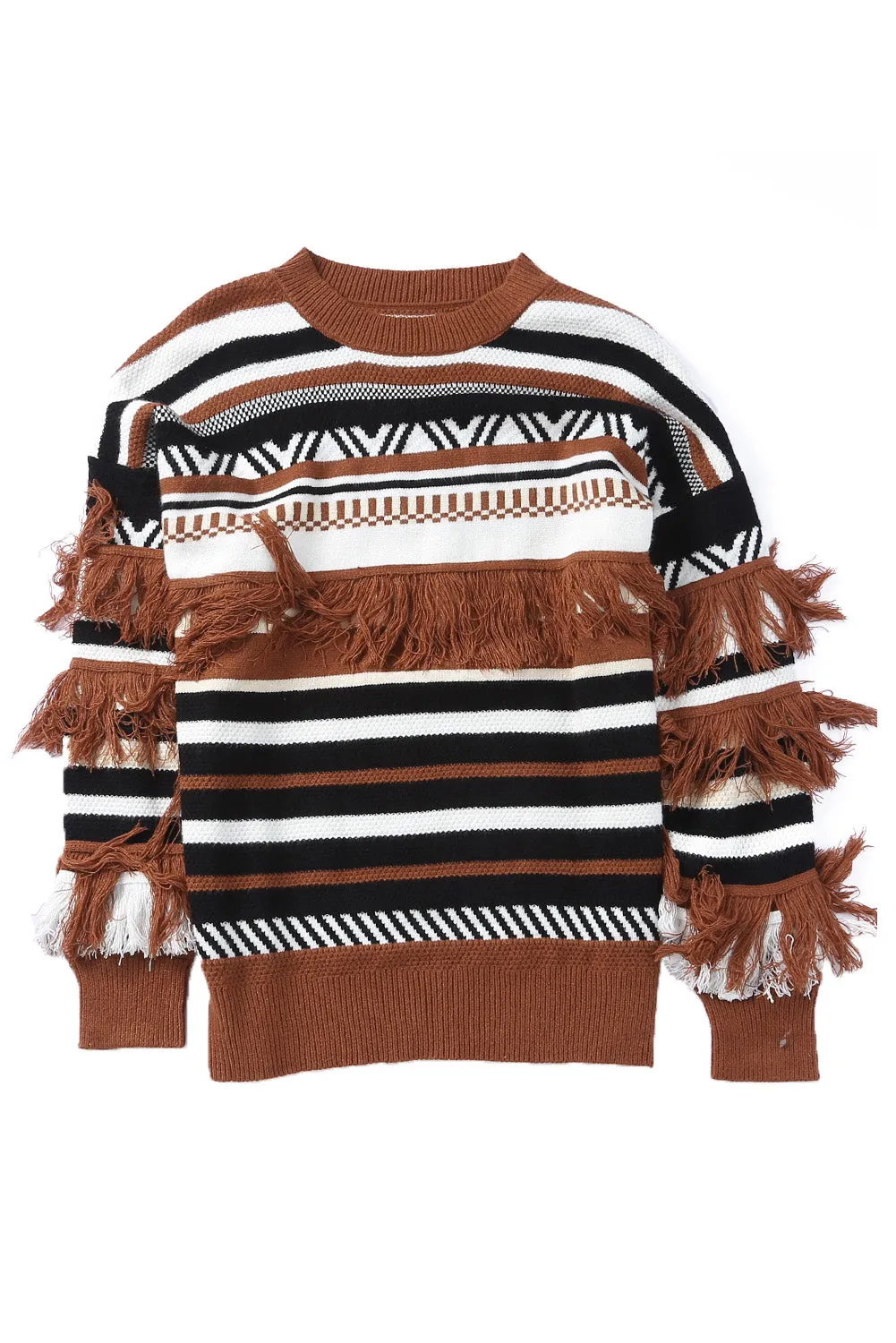 Multicolor Round Neck Striped Sweater with Fringe