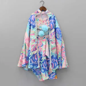 Multicolour Printed Lace Work Top With Cape And Dhoti Style Skirt