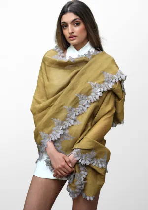 Mustard Linen and Modal Scarf with a Mousse Scalloped Lace Border
