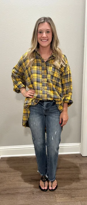Mustard Mineral Washed Plaid Long Sleeve