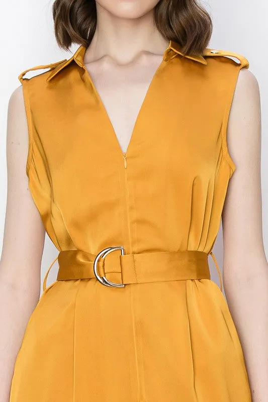 Mustard Satin V-Neck Side Pockets Cargo Pants Jumpsuit