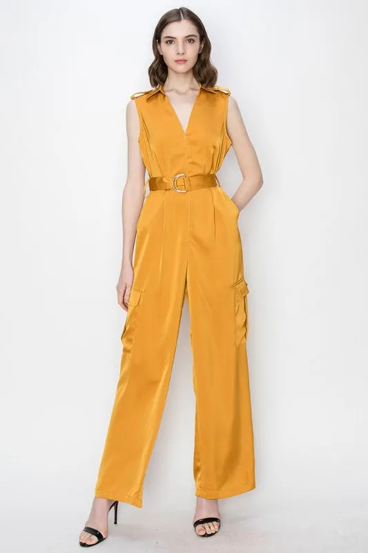 Mustard Satin V-Neck Side Pockets Cargo Pants Jumpsuit