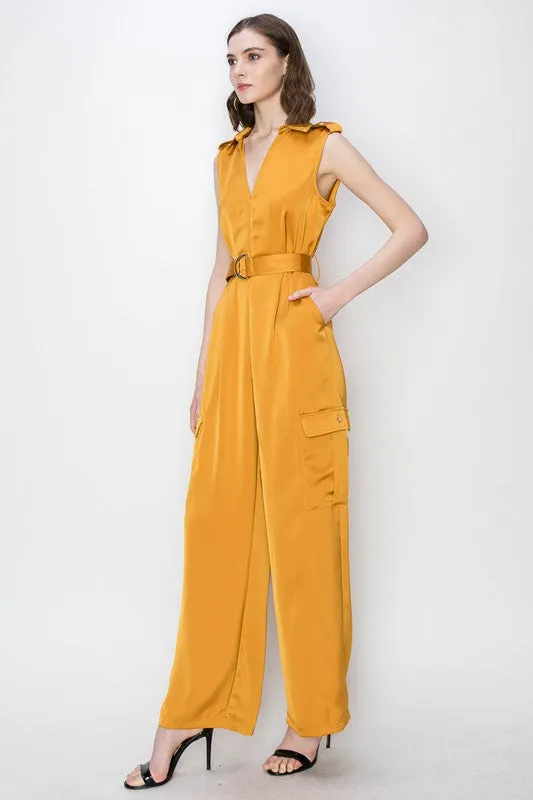Mustard Satin V-Neck Side Pockets Cargo Pants Jumpsuit