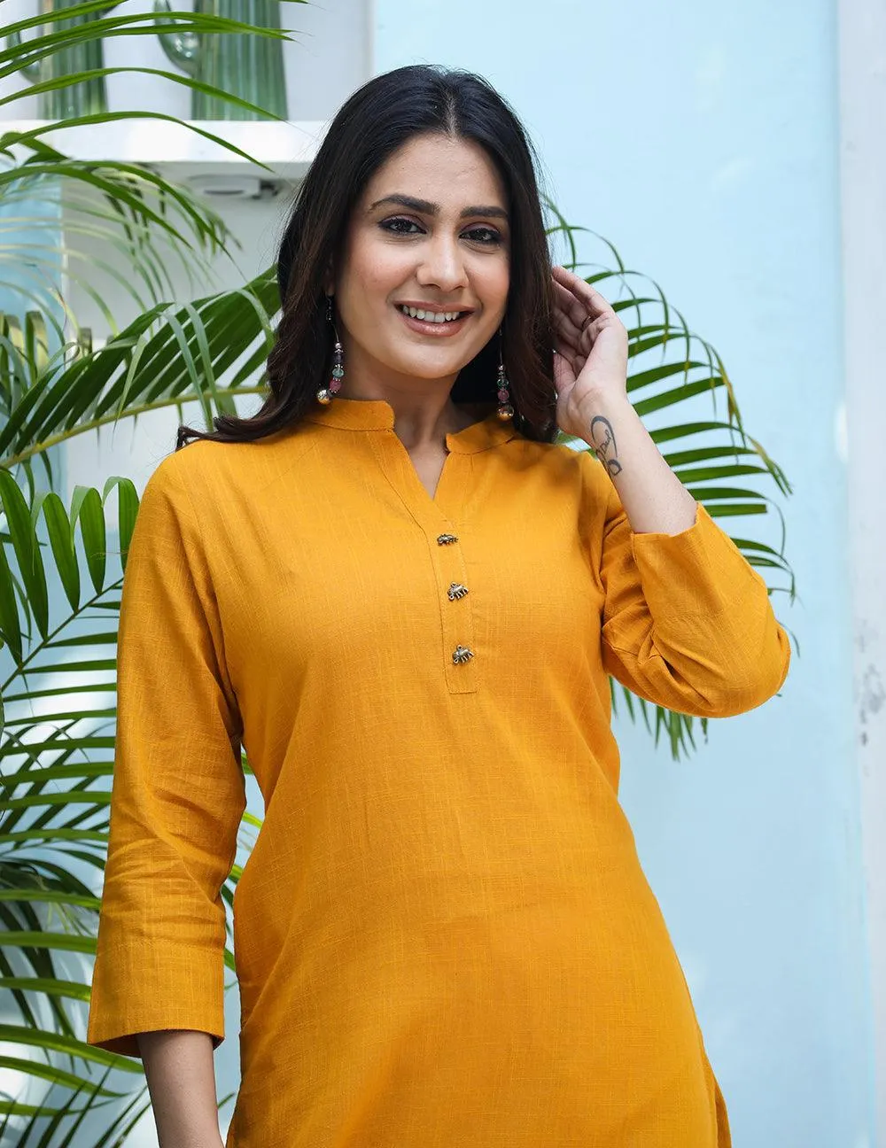 Mustard Solid Cotton Casual Kurta