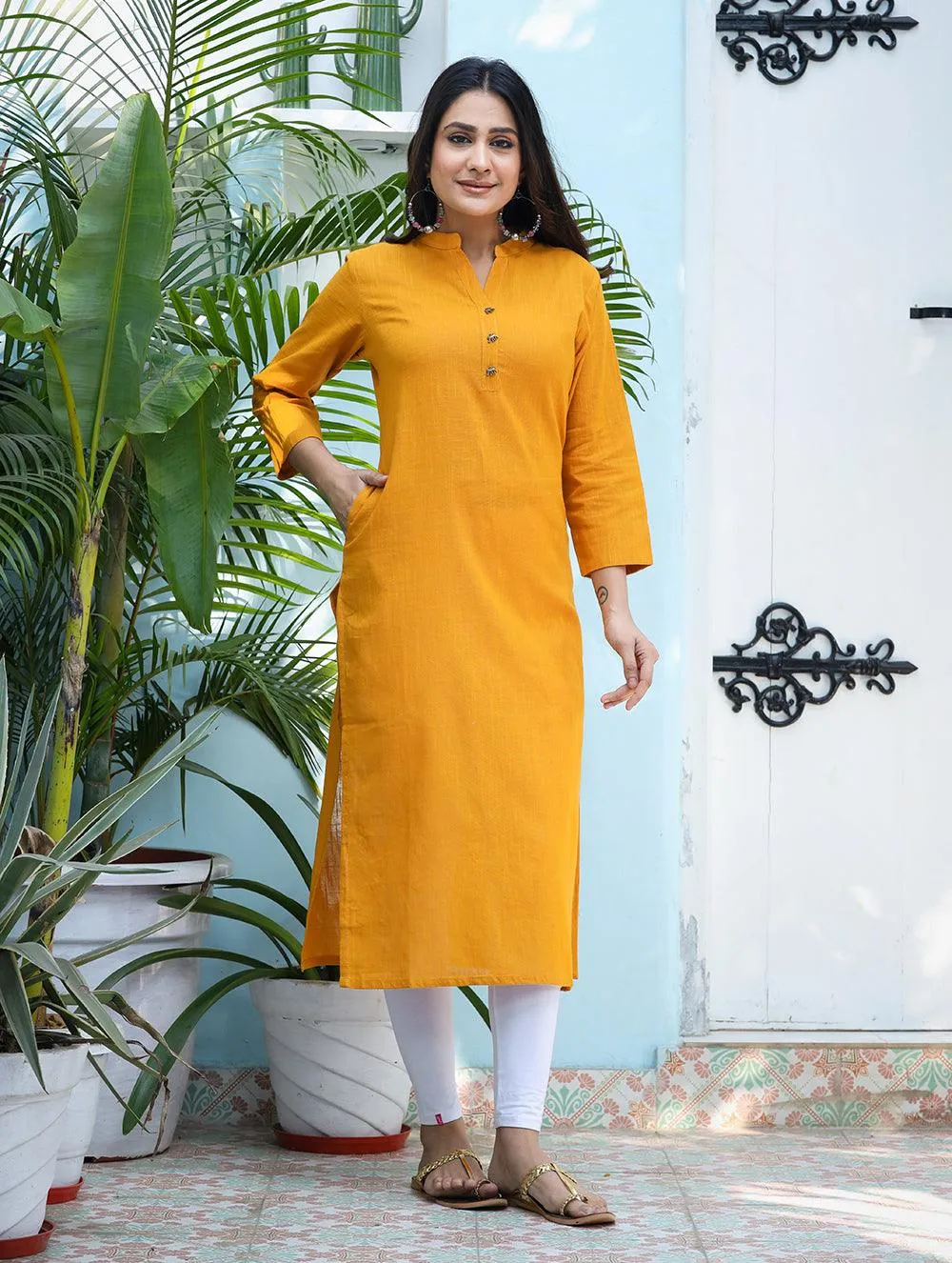 Mustard Solid Cotton Casual Kurta