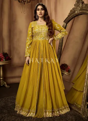 Mustard Yellow Multi Embroidered Slit Style Anarkali Lehenga Suit