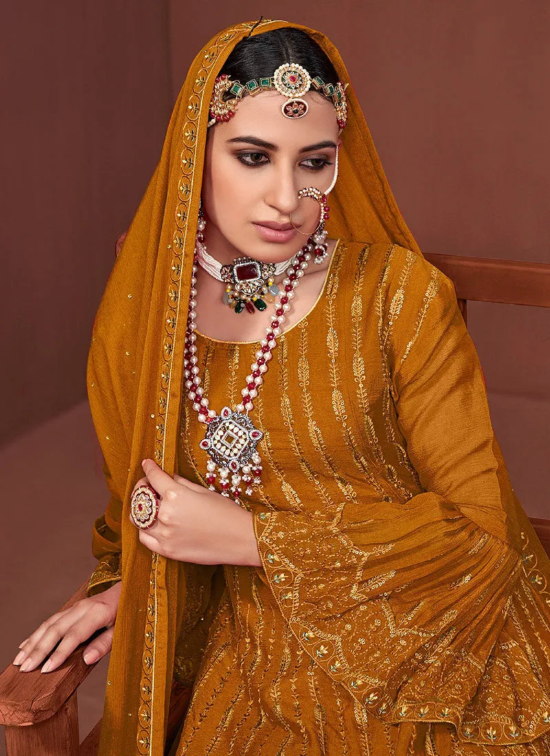 Mustard Yellow Sequence Embroidered Anarkali Sharara Suit