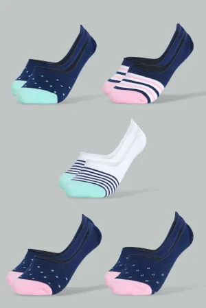 Navy And White Printed Invisible Socks For Women (Pack of 5)