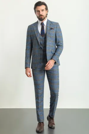 Navy Blue Slim Fit Notch Lapel 3 Piece Crosshatch Plaid Suit