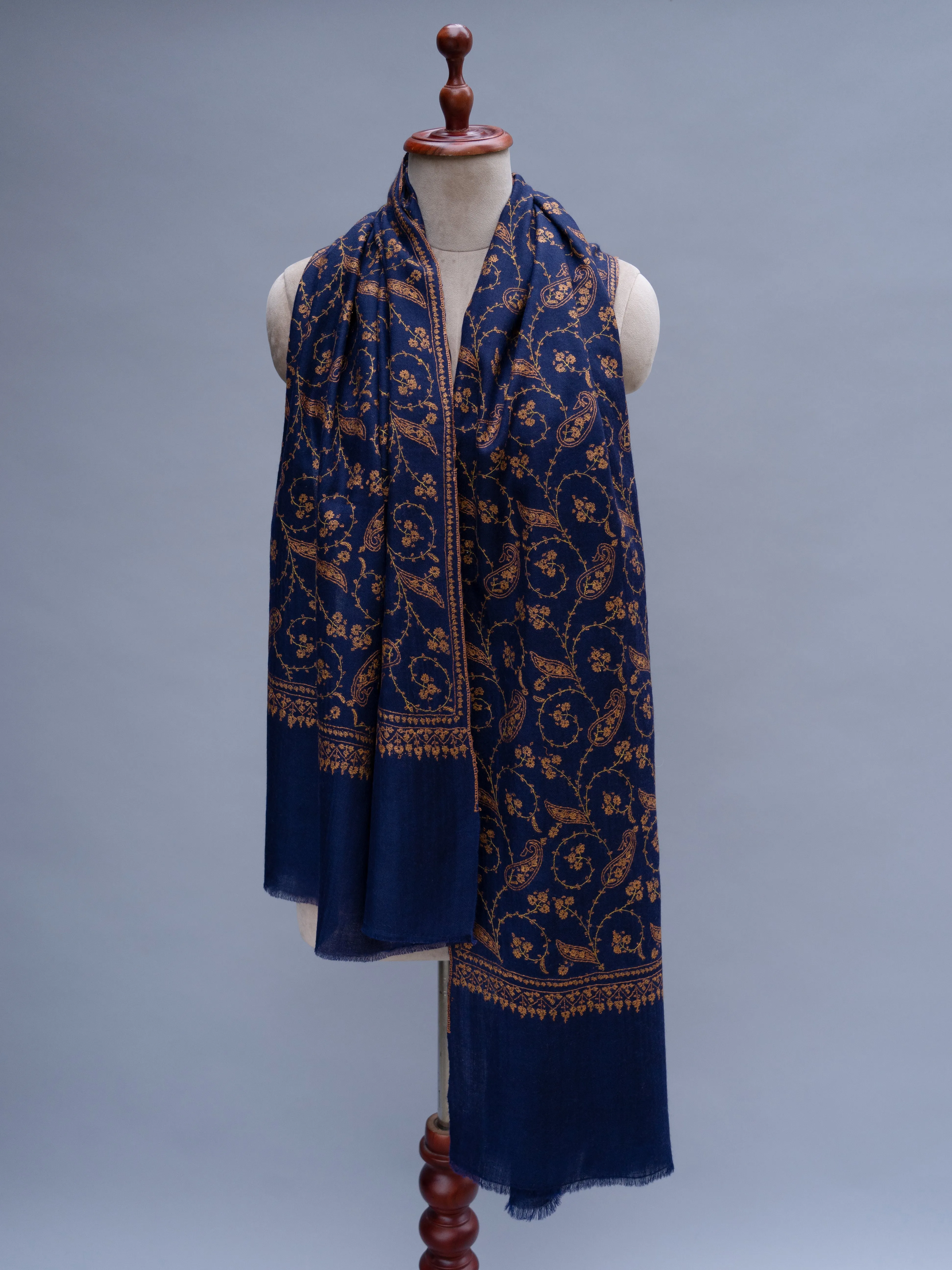 Navy Blue Sozni Embroidered Indian Cashmere Wrap