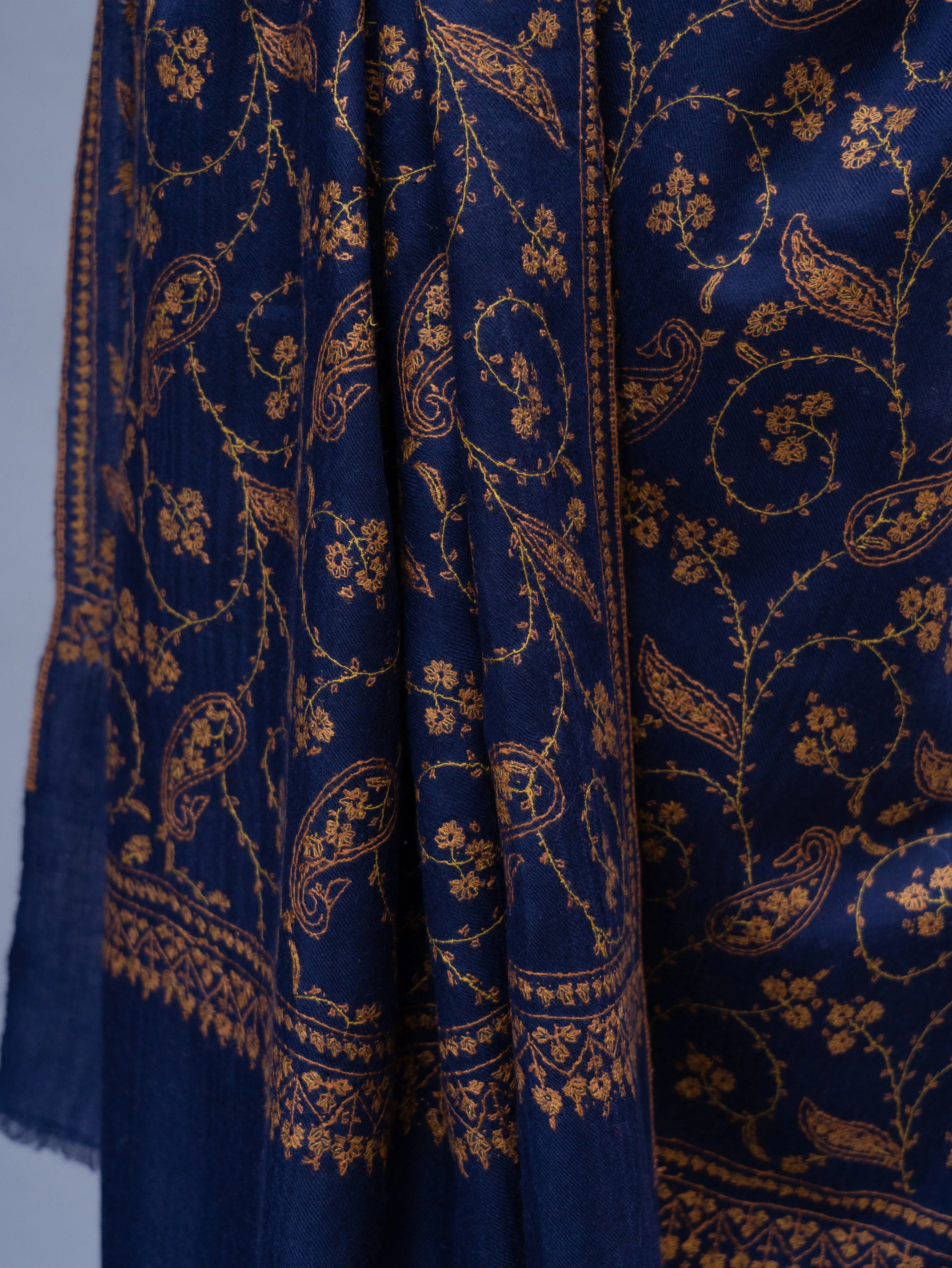 Navy Blue Sozni Embroidered Indian Cashmere Wrap