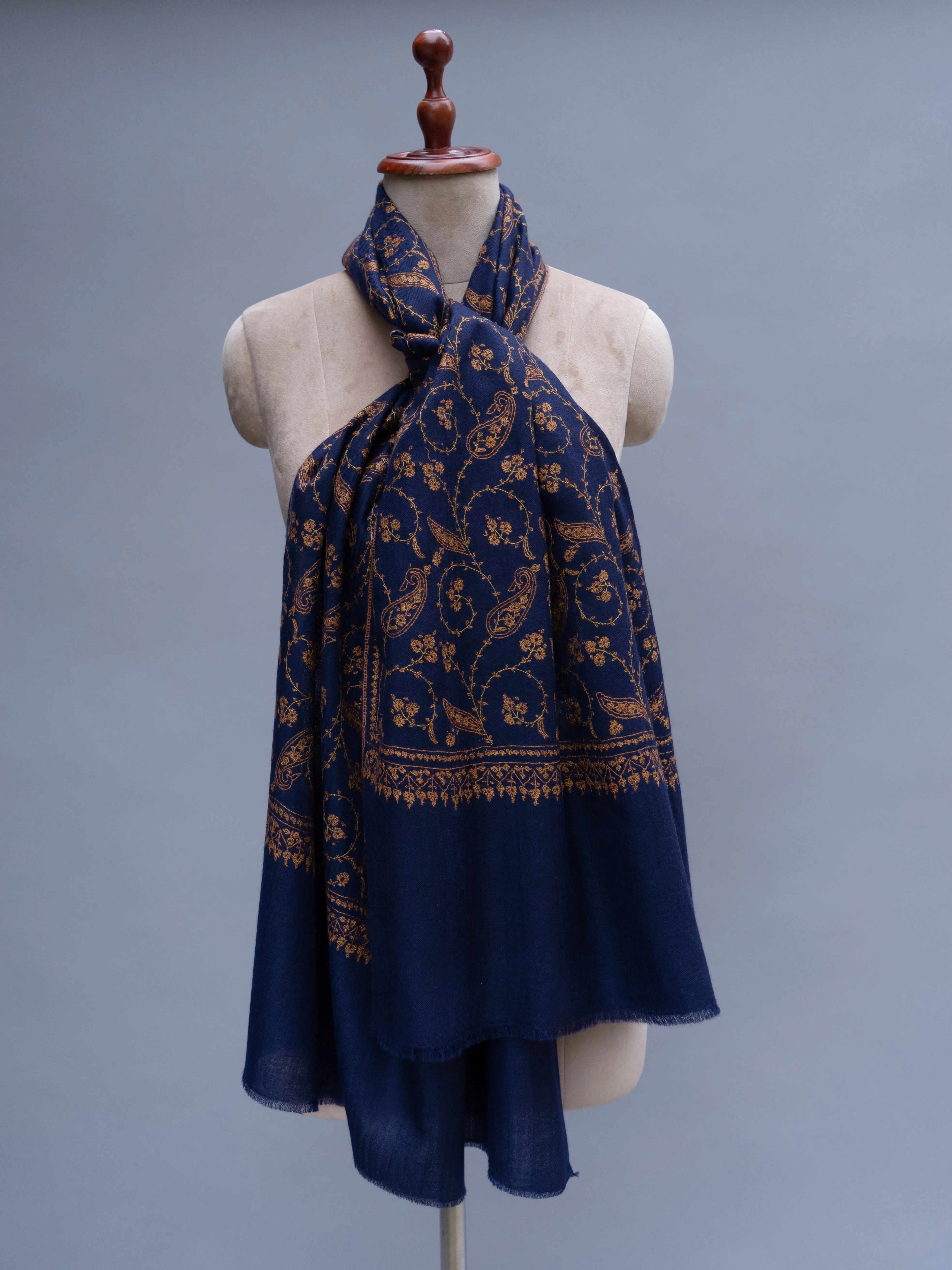 Navy Blue Sozni Embroidered Indian Cashmere Wrap