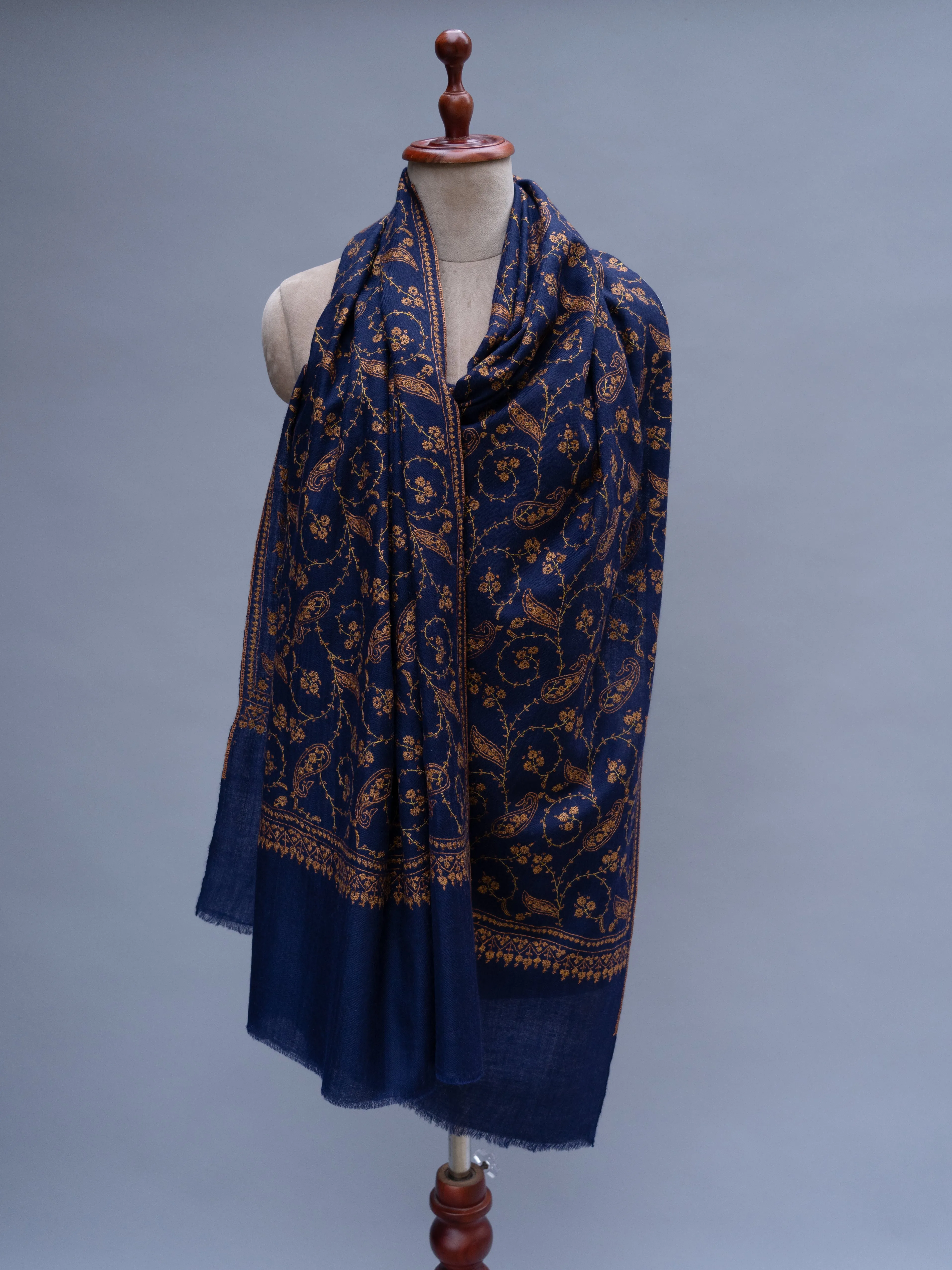 Navy Blue Sozni Embroidered Indian Cashmere Wrap