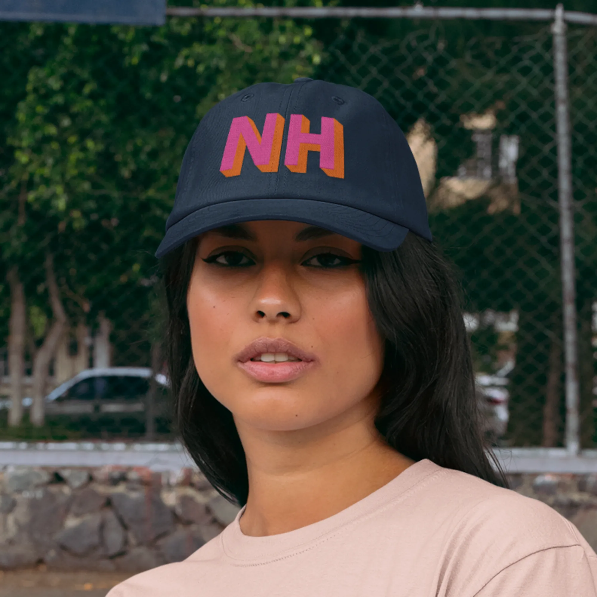 Navy Dad Hat with Hot Pink & Orange Custom Shadow Block Lettering